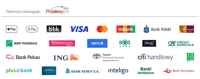 Płatności obsługuje Przelewy24: Apple Pay, Google Pay, BLIK, Visa, Mastercard oraz szybkie przelewy z banków